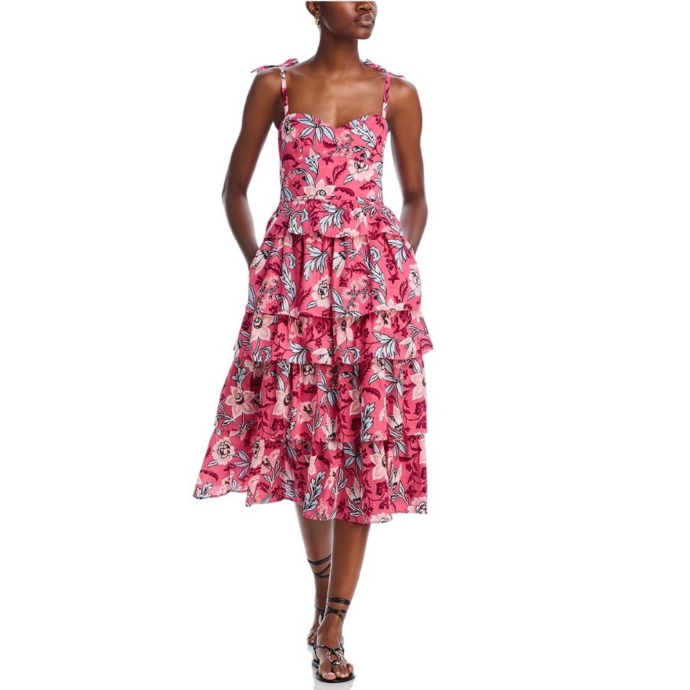 Banjanan Ramona Dress Rose Pink Floralโ Cotton Tiered Ruffle Midi Smocked Small